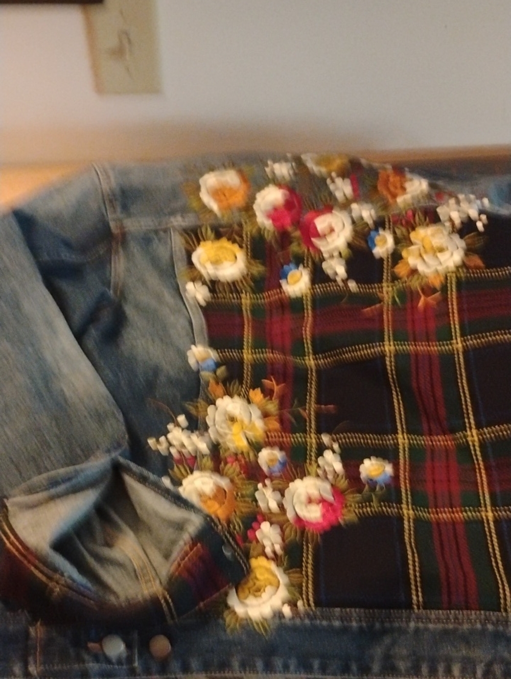 Guess Blue Denim Bomber Jacket with Tartan Plaid and Floral Embroidery